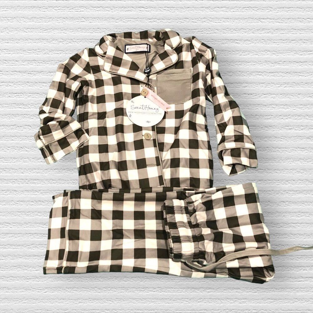 Sweethoney NWT 2t Sage Green Buffalo Plaid Pajama Set LS Pant Button Down